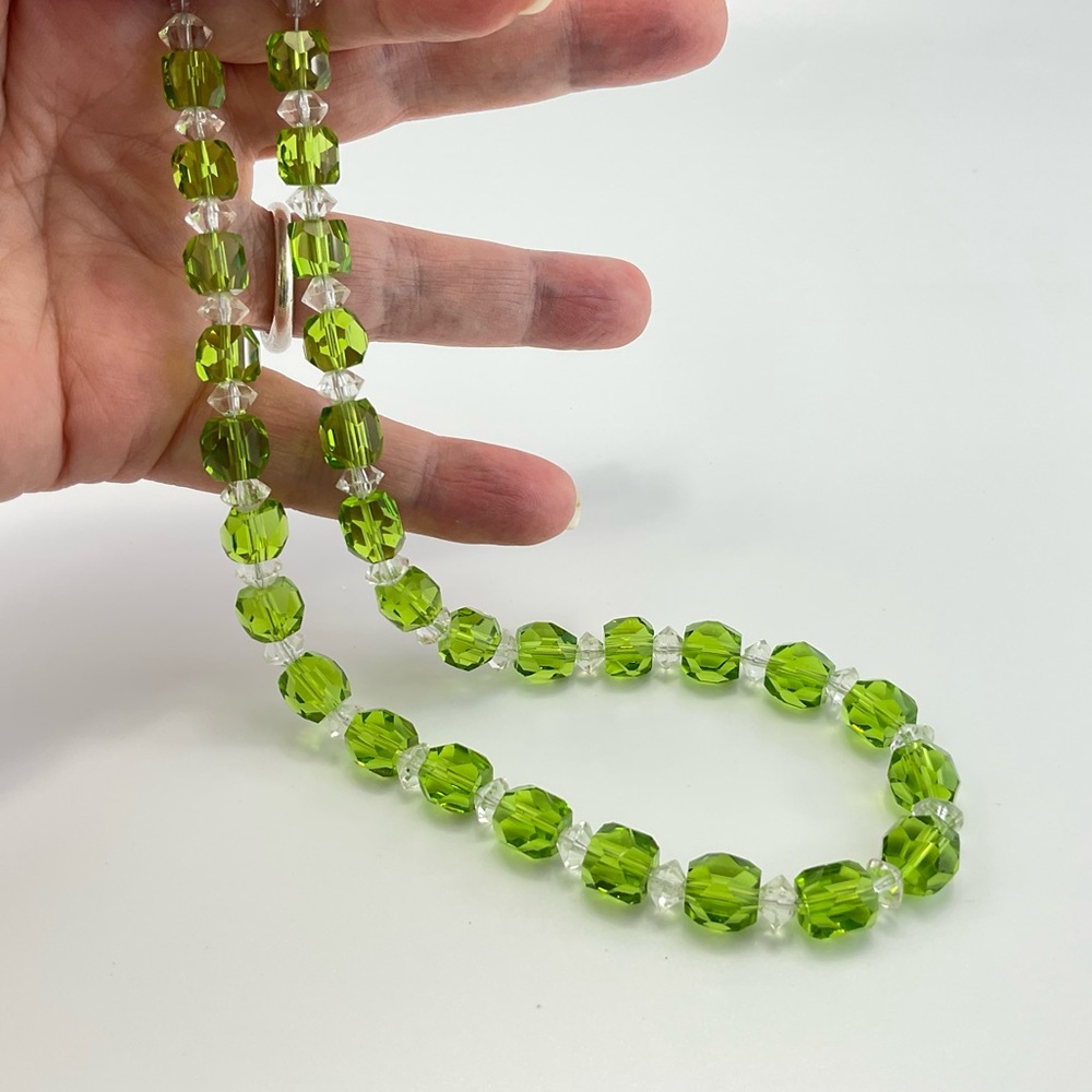 Vtg, Art Deco, Crystal Choker Necklace, Lime Green & Clear, Faceted Glass